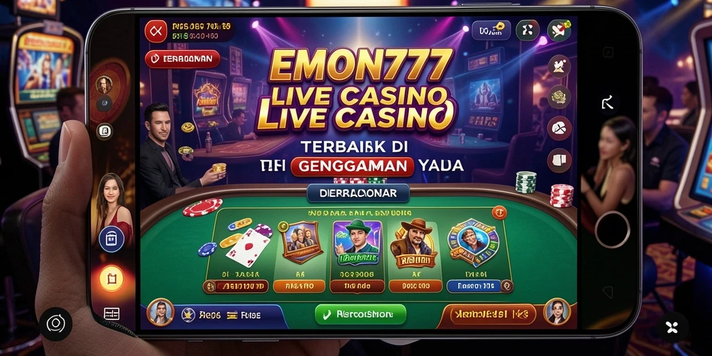 Screenshot gameplay EMON777 yang menampilkan dealer langsung dan suasana kasino yang nyata.