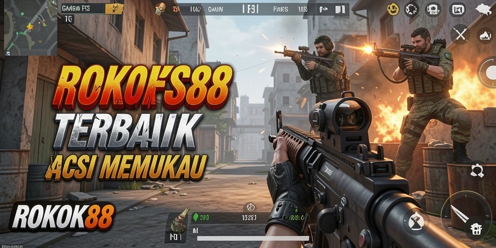 Screenshot gameplay ROKOK88 menunjukkan aksi seru dalam pertempuran FPS.